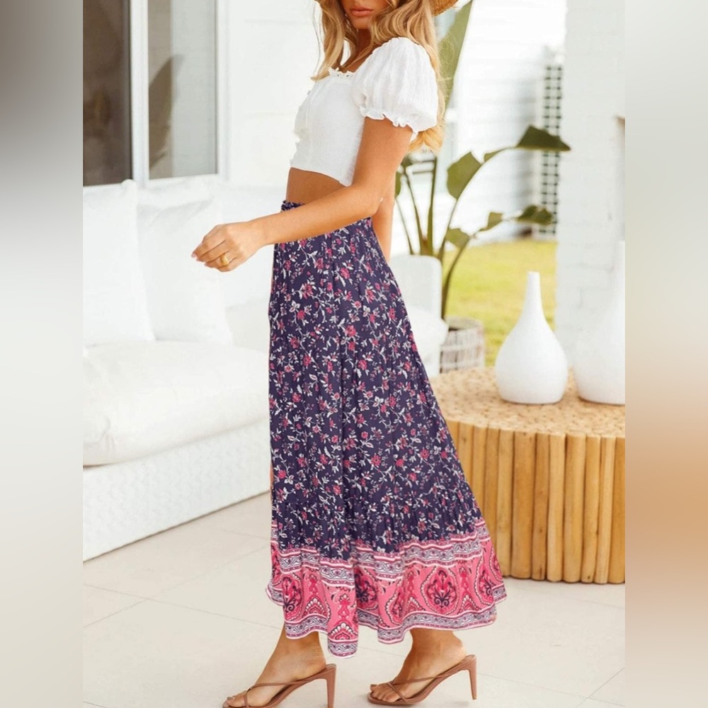 Women's Boho Floral Print Elastic High Waist A Line Maxi Skirt